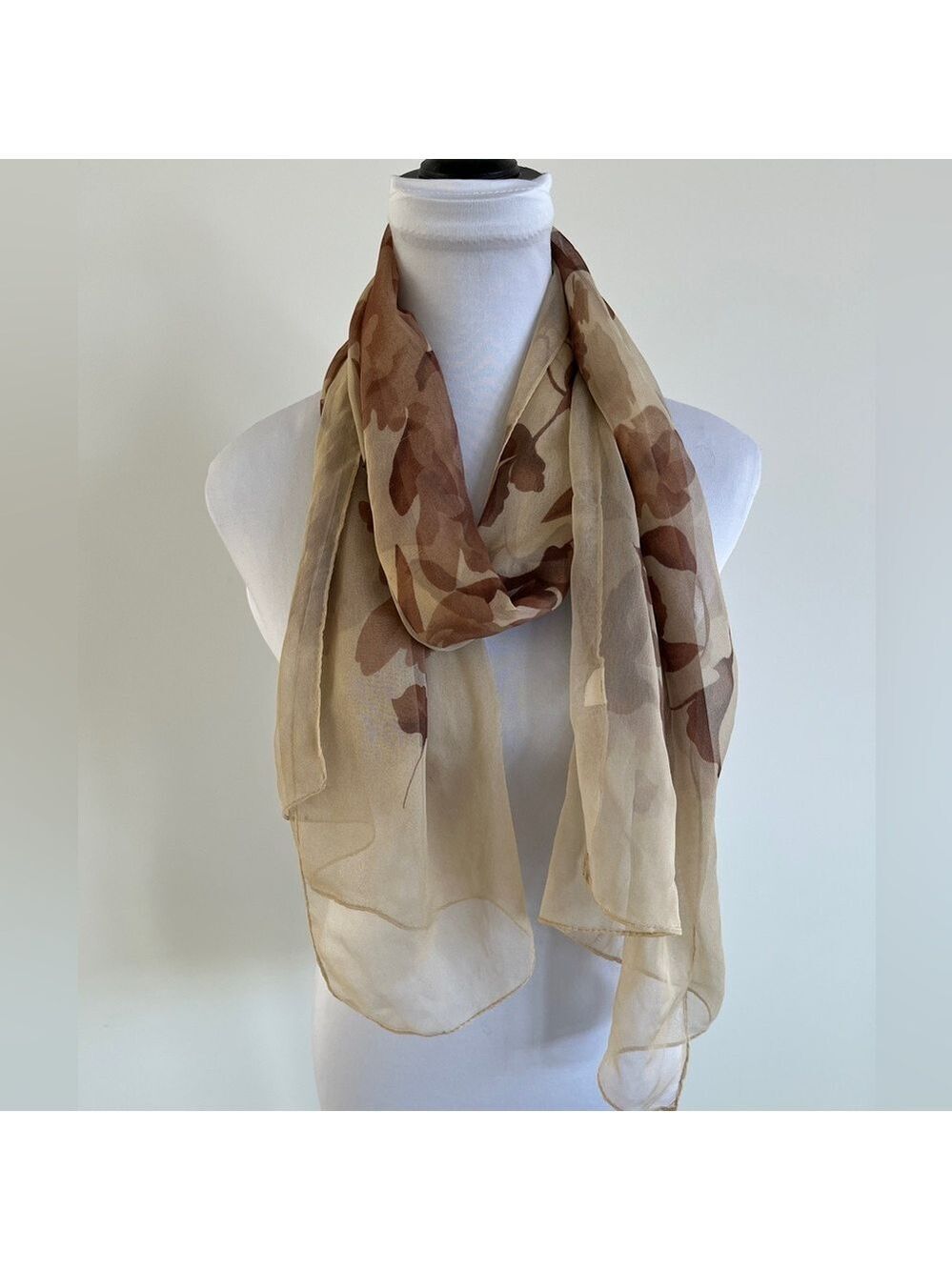 SCARF 100% Silk Sheer Oversized Oblong Floral Autumn Neutral Coastal  Flowy Chic